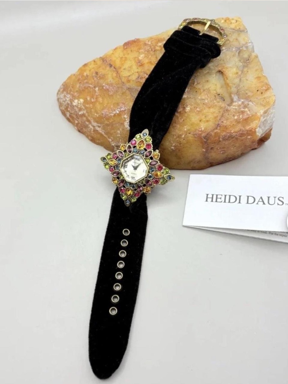 Heidi Daus Black Velvet Strap Starburst Watch with Multicolor Crystals